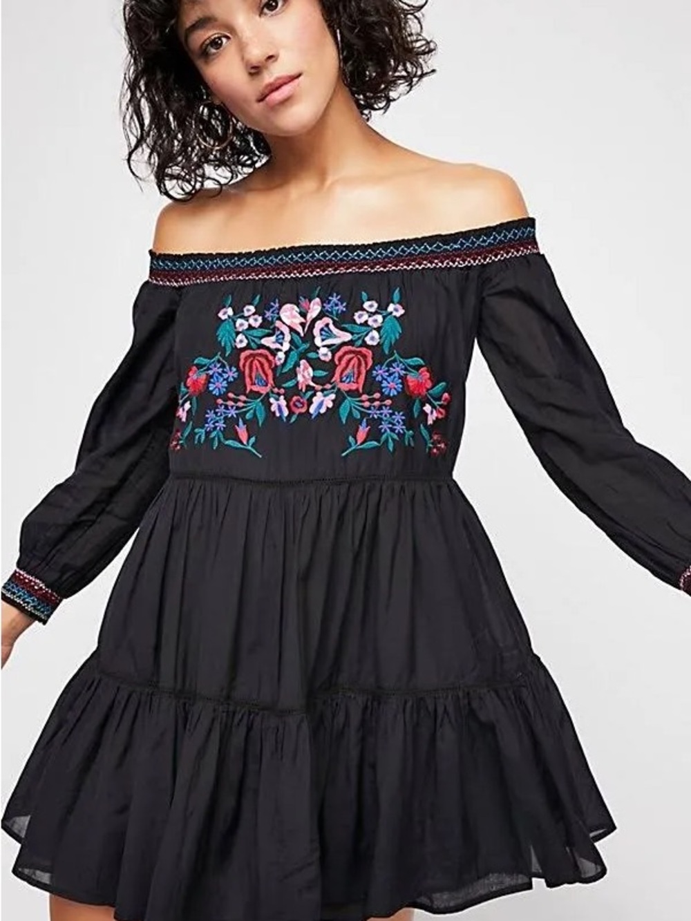 Free People Black Off-Shoulder Embroidered Mini Dress